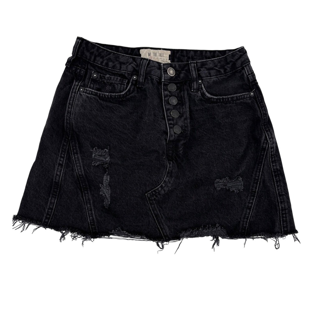We The Free Denim Mini Skirt Womens 26 Black Distressed Raw Hem Button Fly